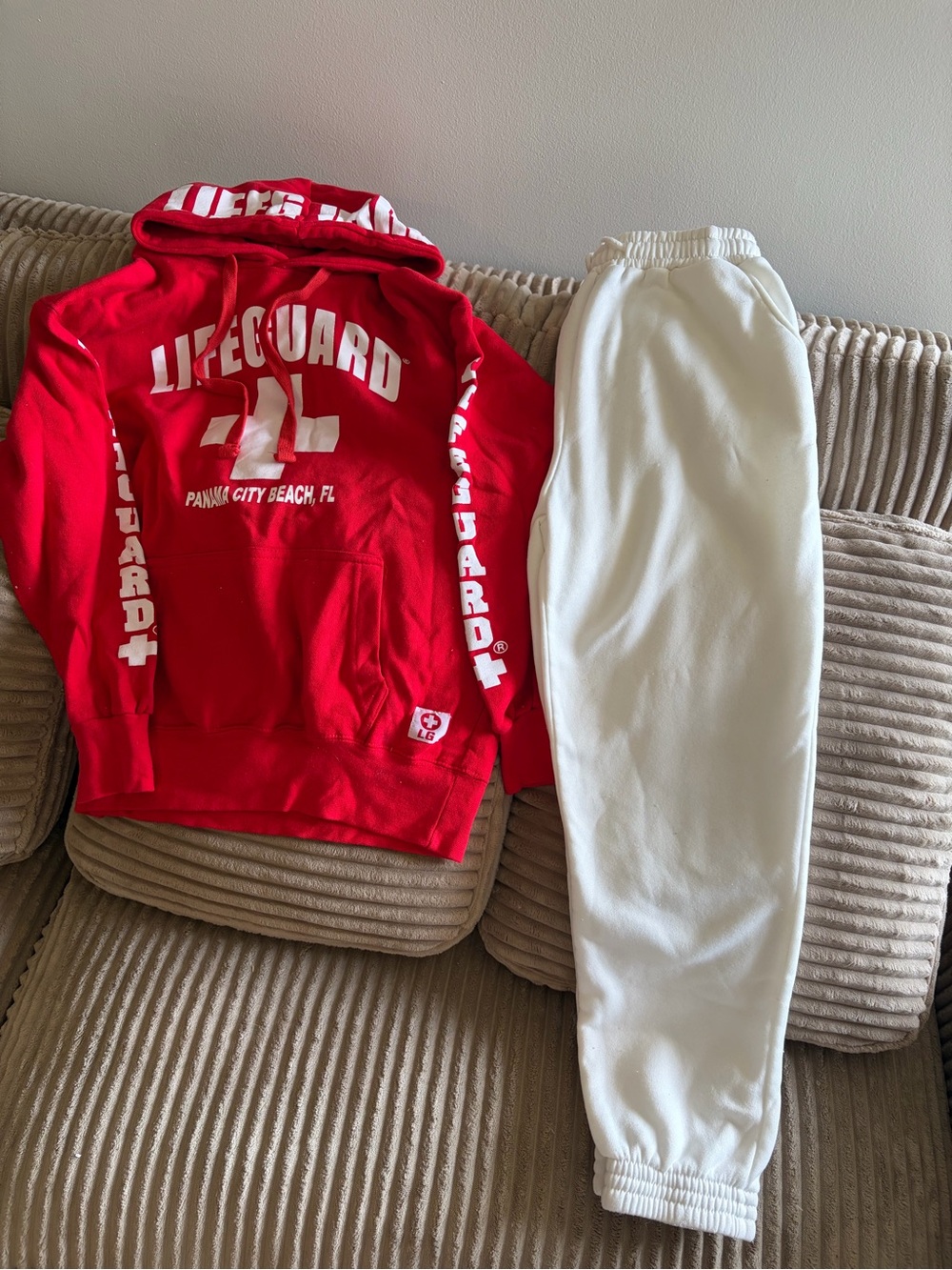 Women’s Set. Red Hoodie with White Sweatpants - Casual.